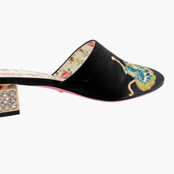 Gucci Dragon Embroidered Candy Mules EU 37 US 7 Black Satin Crystal Block Heel - Picture 11 of 15